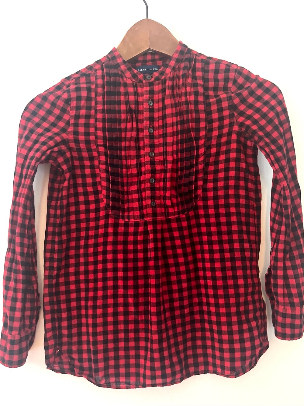 Ralph Lauren Long Sleeve Pleat Front Red Black Gingham Cotton Shirt Girls Size 8